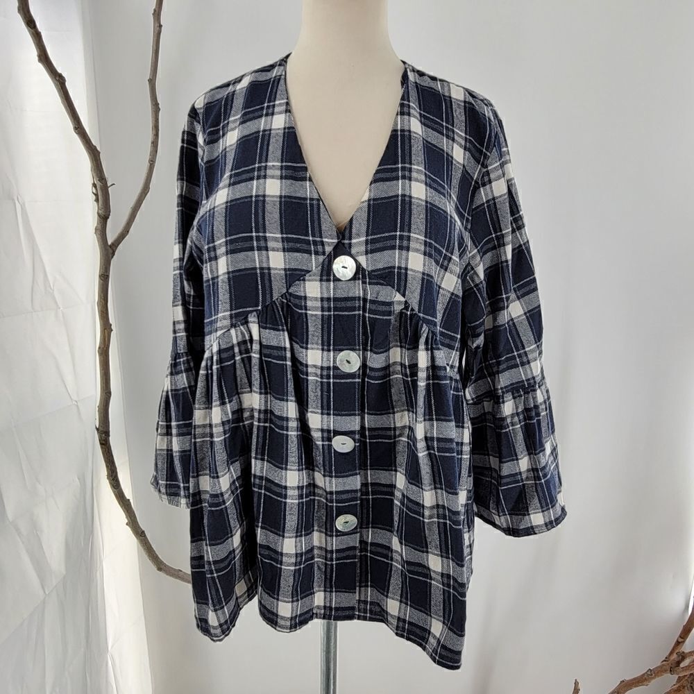 Suzanne betro weekend blue plaid flannel baby doll peplum top